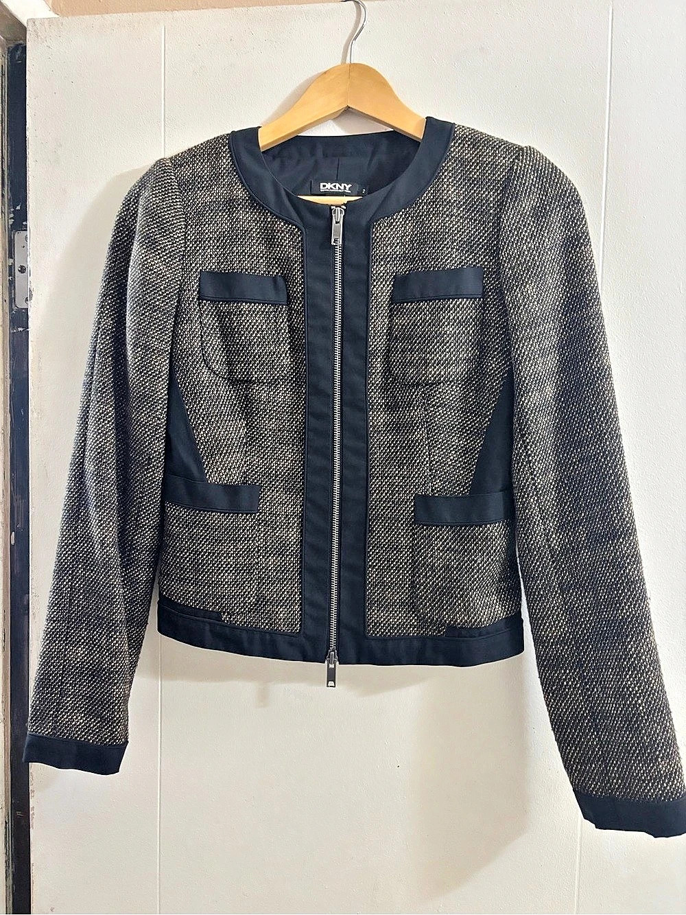 DKNY Women's Knit Tweed Zippered Jacket Black & Gray Size 2
